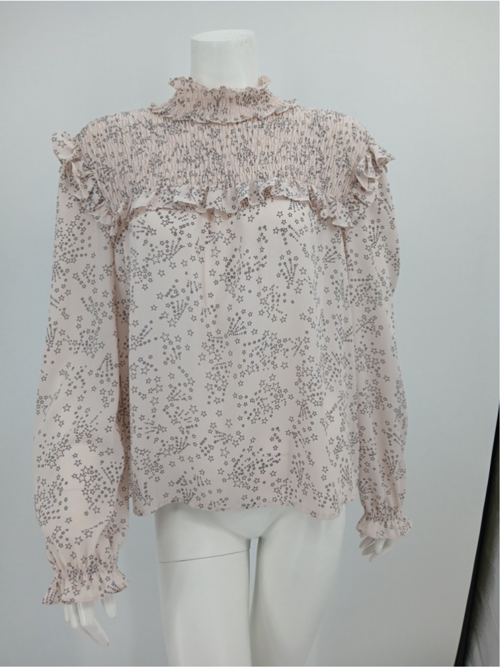Rebecca Minkoff Sharon Star Print Mockneck Blouse Top Pale Pink Size XL Chiffon
